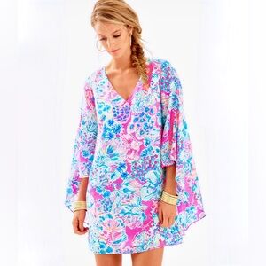 LILLY PULITZER, Miri 100% Silk Caftan Gypsea Tiki Pink Mini Dress, Size 00, EUC